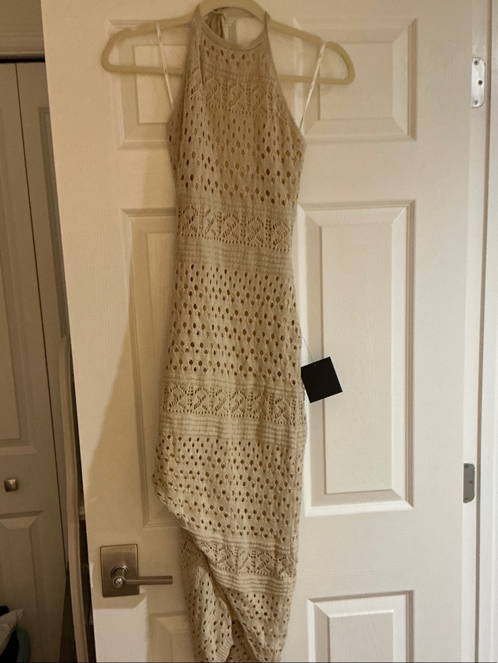 Lulu's Tan Crochet One-Shoulder Halter Maxi Dress